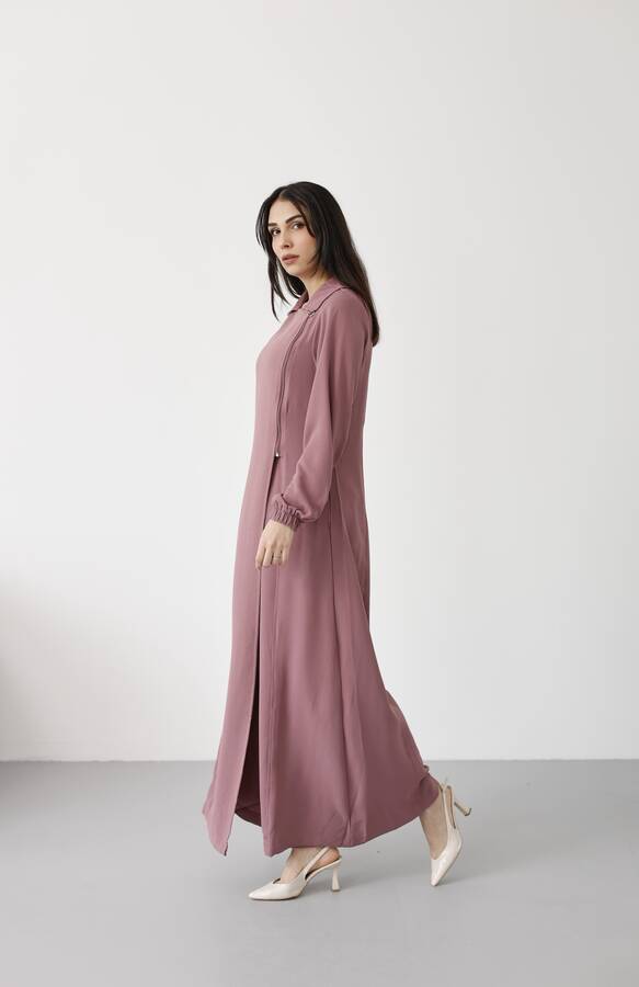 6541-Krep Yan Fermuarlı Ferace Gül Kurusu