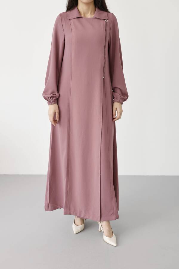 6541-Krep Yan Fermuarlı Ferace Gül Kurusu