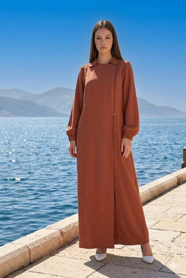 6541-Krep Yan Fermuarlı Ferace Taba