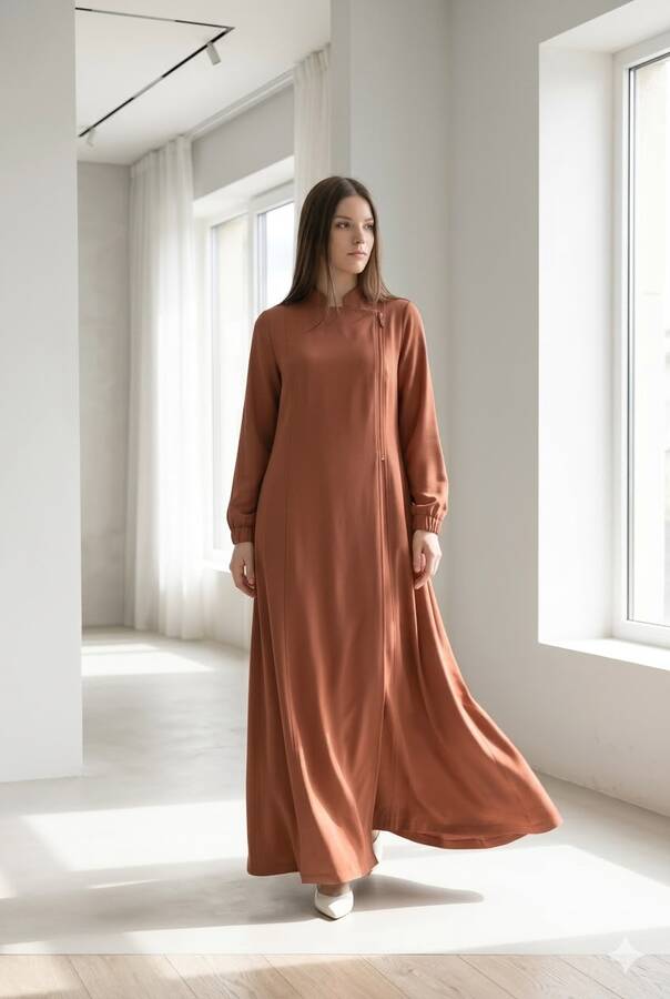 6541-Krep Yan Fermuarlı Ferace Taba