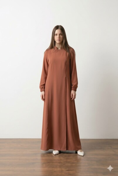 Neways - 6541-Krep Yan Fermuarlı Ferace Taba