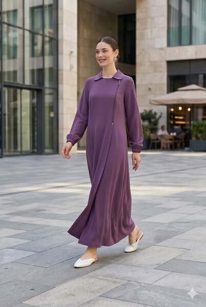 Neways - 6541-Krep Yan Fermuarlı Ferace Koyu Lila