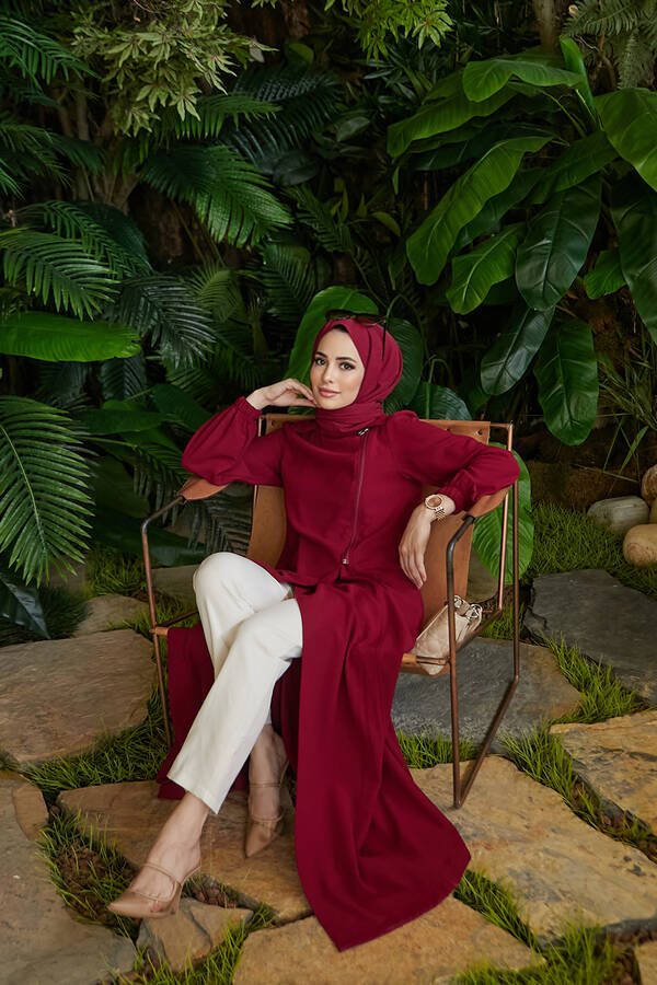 6541-Krep Yan Fermuarlı Ferace Bordo