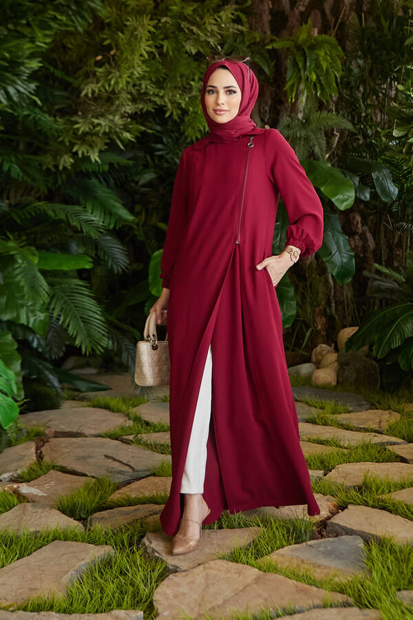 6541-Krep Yan Fermuarlı Ferace Bordo