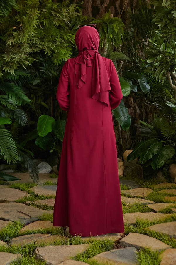 6541-Krep Yan Fermuarlı Ferace Bordo