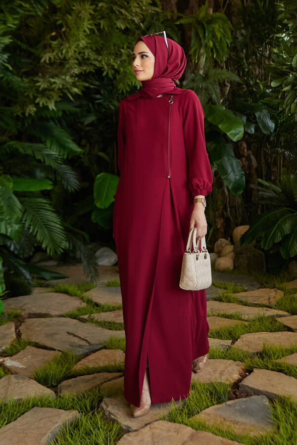6541-Krep Yan Fermuarlı Ferace Bordo