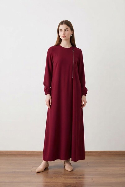 Neways - 6541-Krep Yan Fermuarlı Ferace Bordo