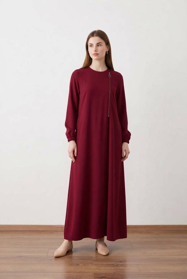 6541-Krep Yan Fermuarlı Ferace Bordo