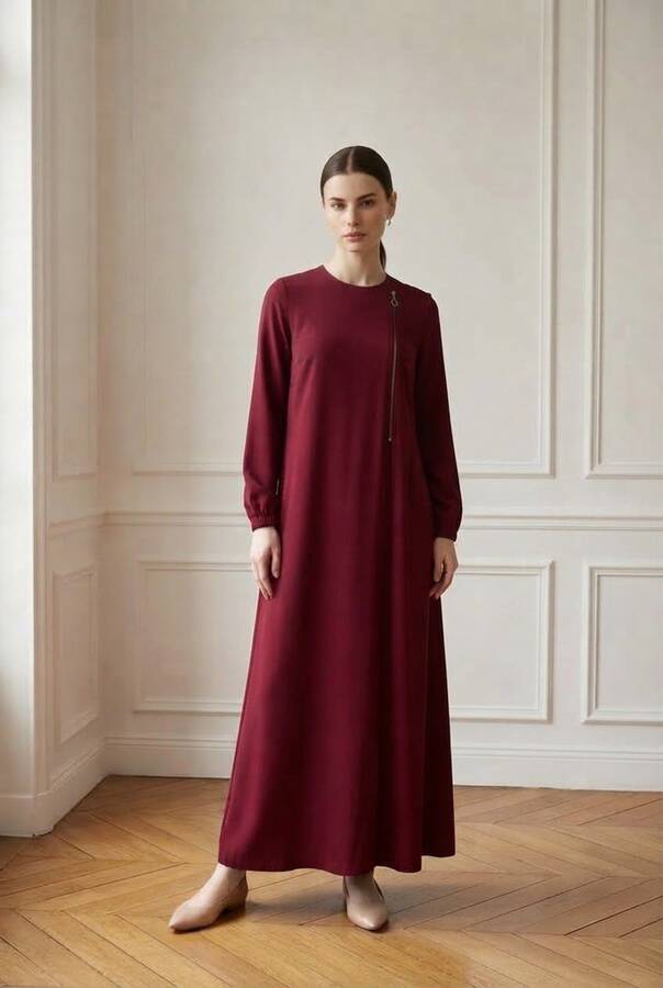 6541-Krep Yan Fermuarlı Ferace Bordo
