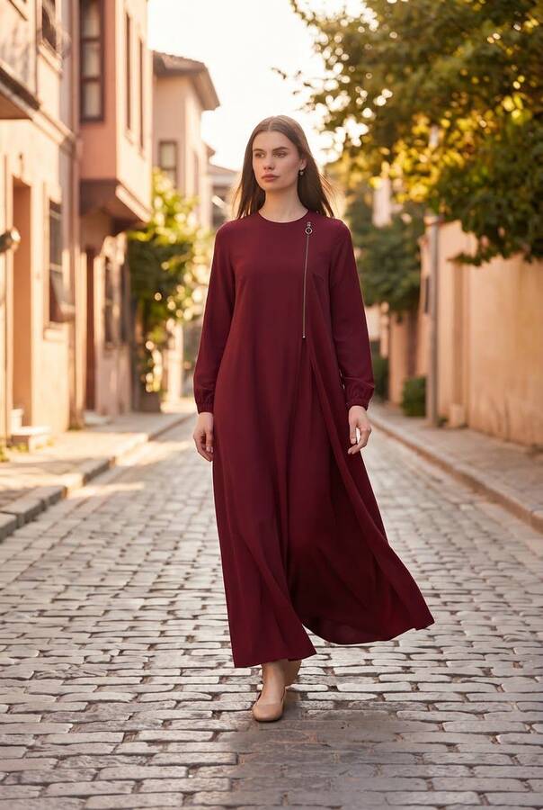 6541-Krep Yan Fermuarlı Ferace Bordo