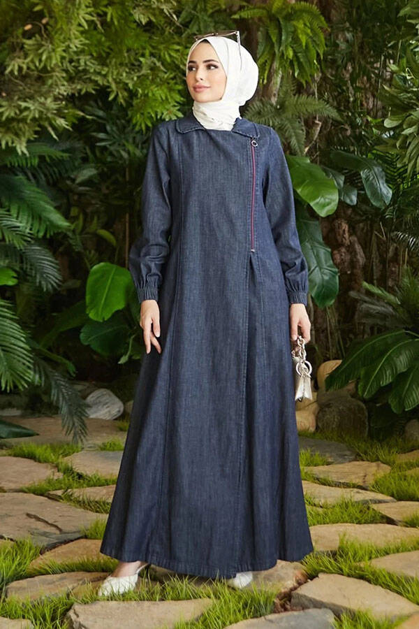 6541-Denim Yan Fermuarlı Ferace Lacivert