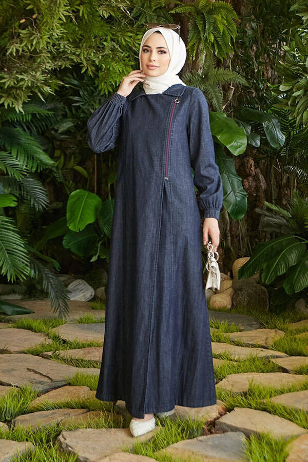 6541-Denim Yan Fermuarlı Ferace Lacivert