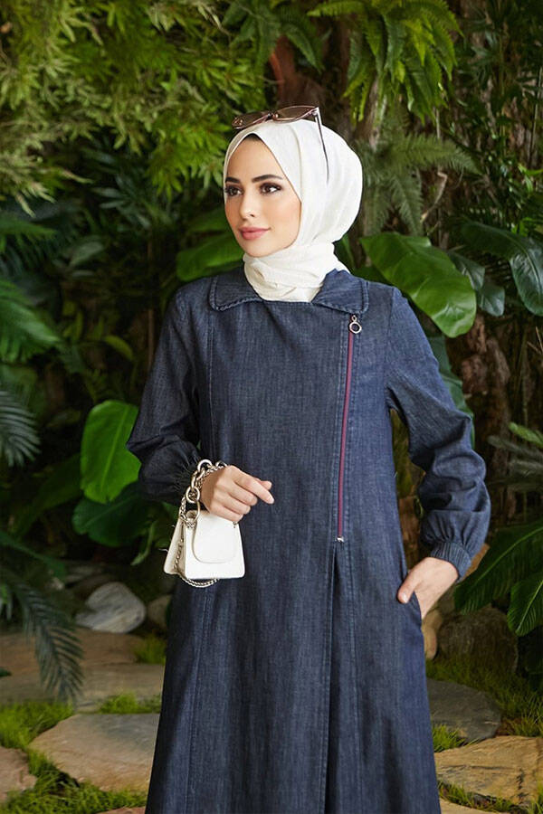 6541-Denim Yan Fermuarlı Ferace Lacivert