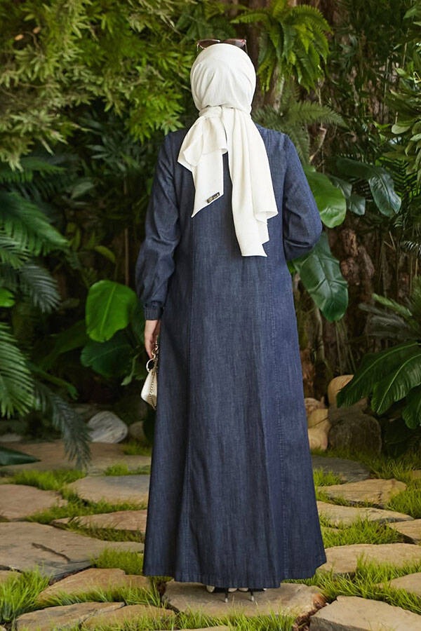 6541-Denim Yan Fermuarlı Ferace Lacivert