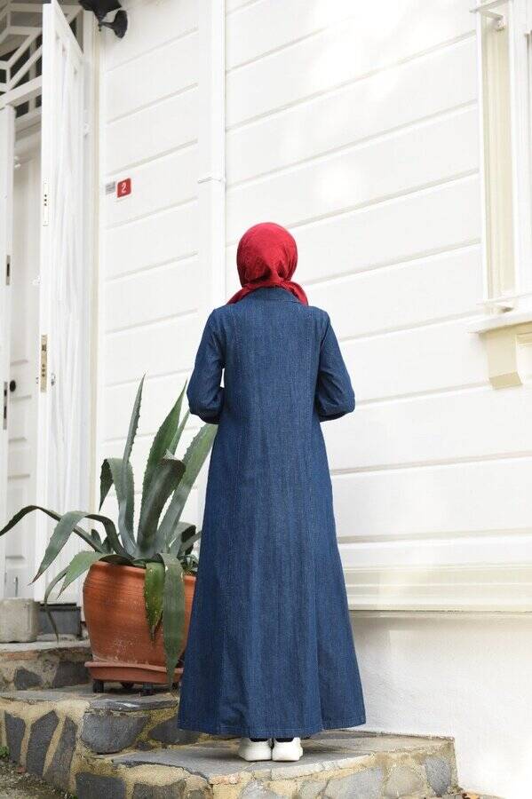 6541-Denim Yan Fermuarlı Ferace Lacivert