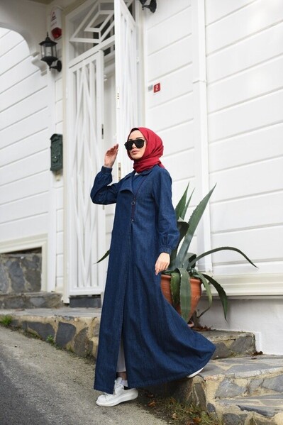 Neways - 6541-Denim Yan Fermuarlı Ferace Lacivert