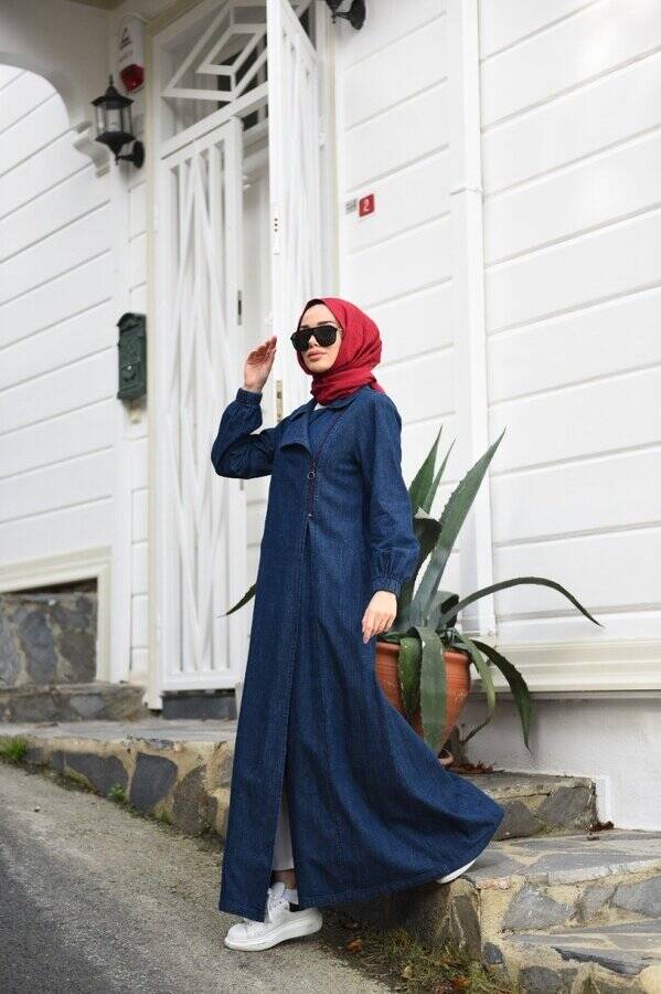 6541-Denim Yan Fermuarlı Ferace Lacivert
