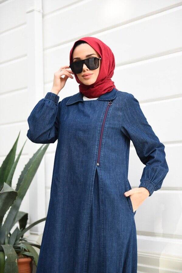 6541-Denim Yan Fermuarlı Ferace Lacivert