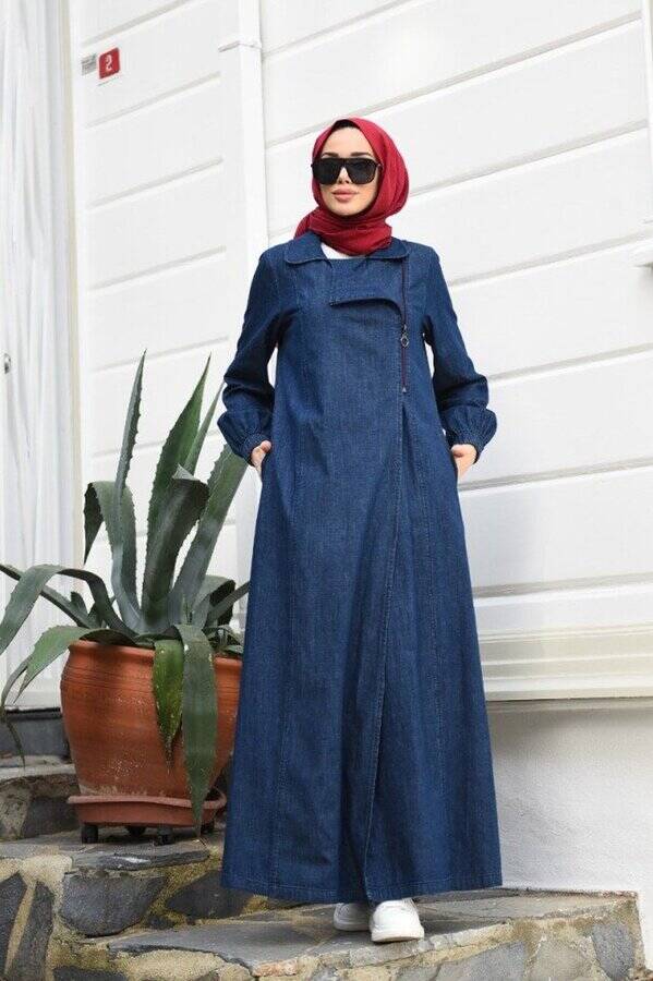 6541-Denim Yan Fermuarlı Ferace Lacivert
