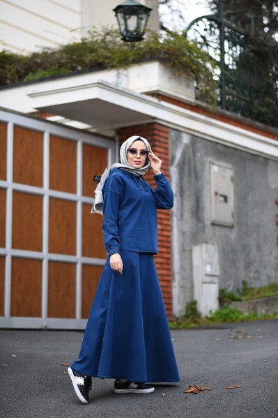 Neways - 6544 - Denim Etek ve Tunik İkili Takım Koyu Mavi