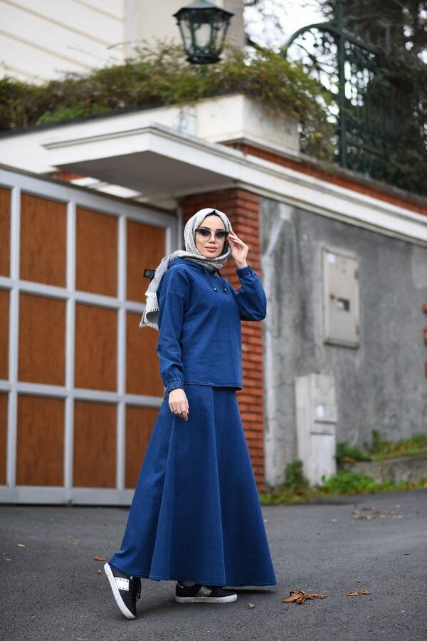6544 - Denim Etek ve Tunik İkili Takım Koyu Mavi
