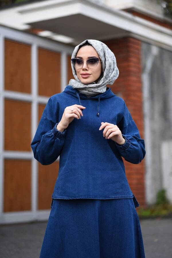 6544 - Denim Etek ve Tunik İkili Takım Koyu Mavi