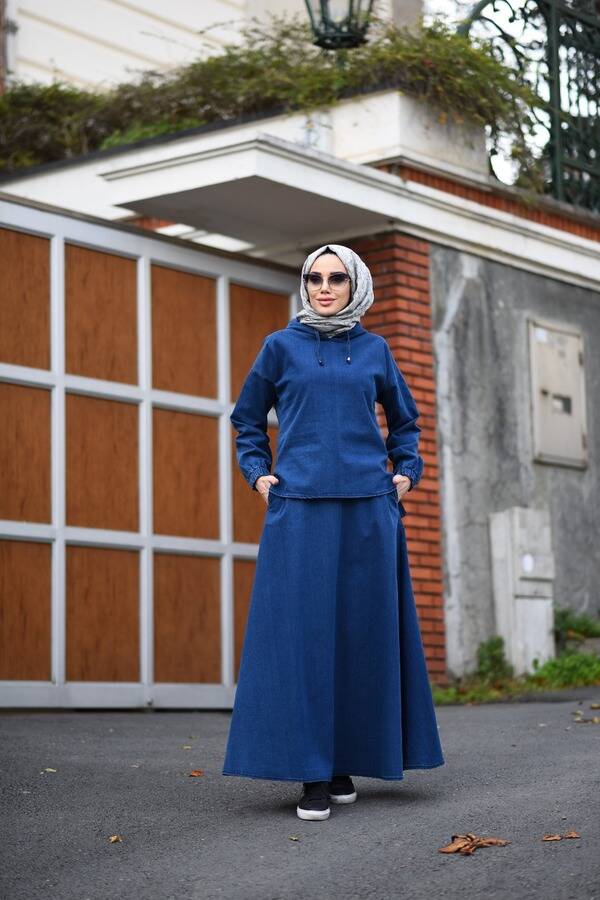 6544 - Denim Etek ve Tunik İkili Takım Koyu Mavi