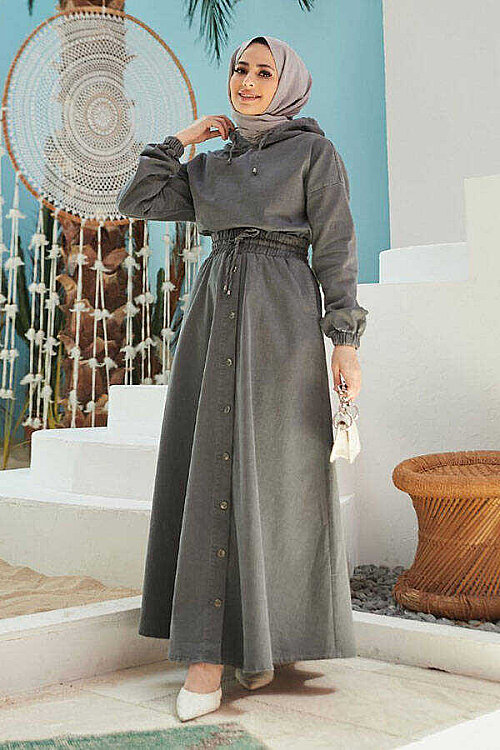 6544 - Denim Etek ve Tunik İkili Takım Gri - 4