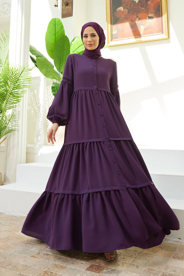 6549-Berlin Düğmeli Büzgülü Ferace Mürdüm