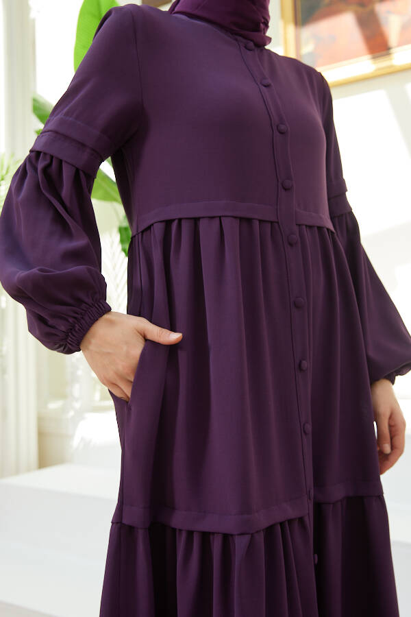 6549-Berlin Düğmeli Büzgülü Ferace Mürdüm