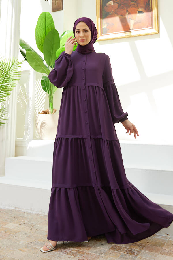 6549-Berlin Düğmeli Büzgülü Ferace Mürdüm