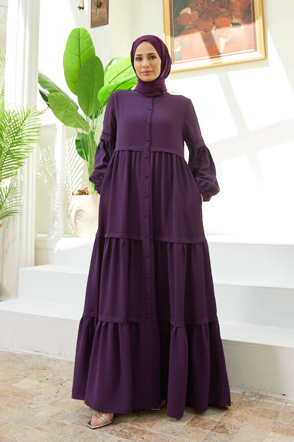 6549-Berlin Düğmeli Büzgülü Ferace Mürdüm