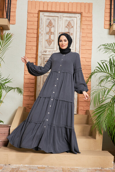Neways - 6549-Denim Düğmeli Büzgülü Ferace Füme