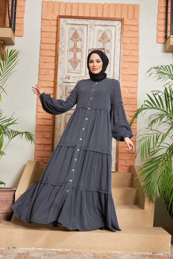 6549-Denim Düğmeli Büzgülü Ferace Füme
