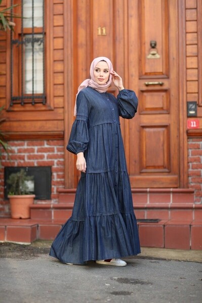 Neways - 6549-Denim Düğmeli Büzgülü Ferace Lacivert