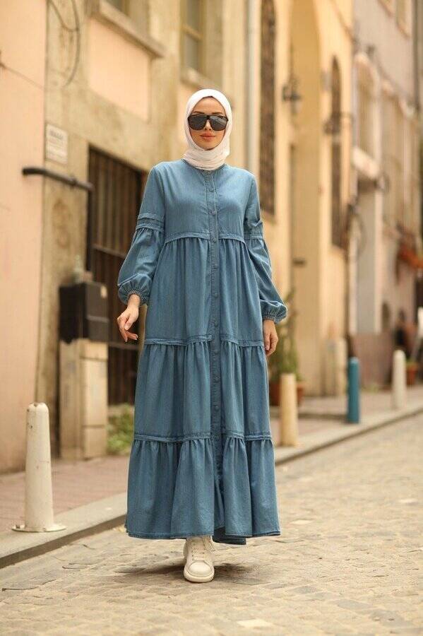 6549-Denim Düğmeli Büzgülü Ferace Mavi