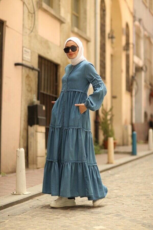 6549-Denim Düğmeli Büzgülü Ferace Mavi
