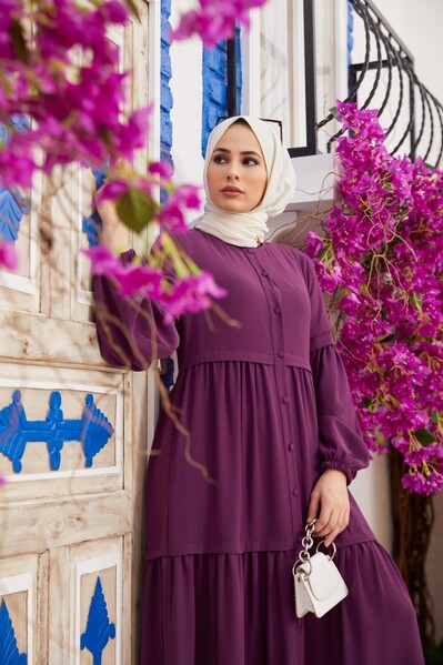 Neways - 6549-Krep Düğmeli Büzgülü Ferace Koyu Lila