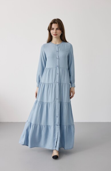 Neways - 6556-Denim Düğmeli Büzgülü Elbise Açık Mavi