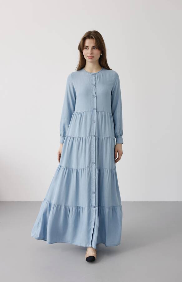 6556-Denim Düğmeli Büzgülü Elbise Açık Mavi