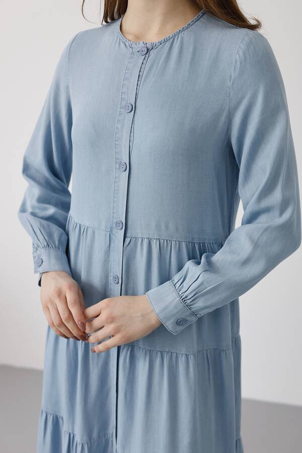 6556-Denim Düğmeli Büzgülü Elbise Açık Mavi