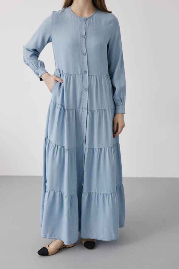 6556-Denim Düğmeli Büzgülü Elbise Açık Mavi