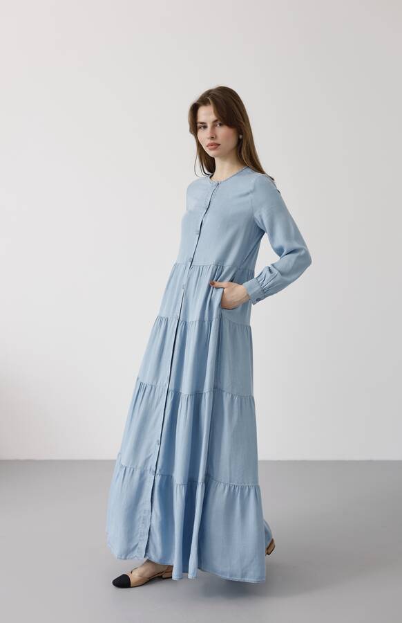 6556-Denim Düğmeli Büzgülü Elbise Açık Mavi