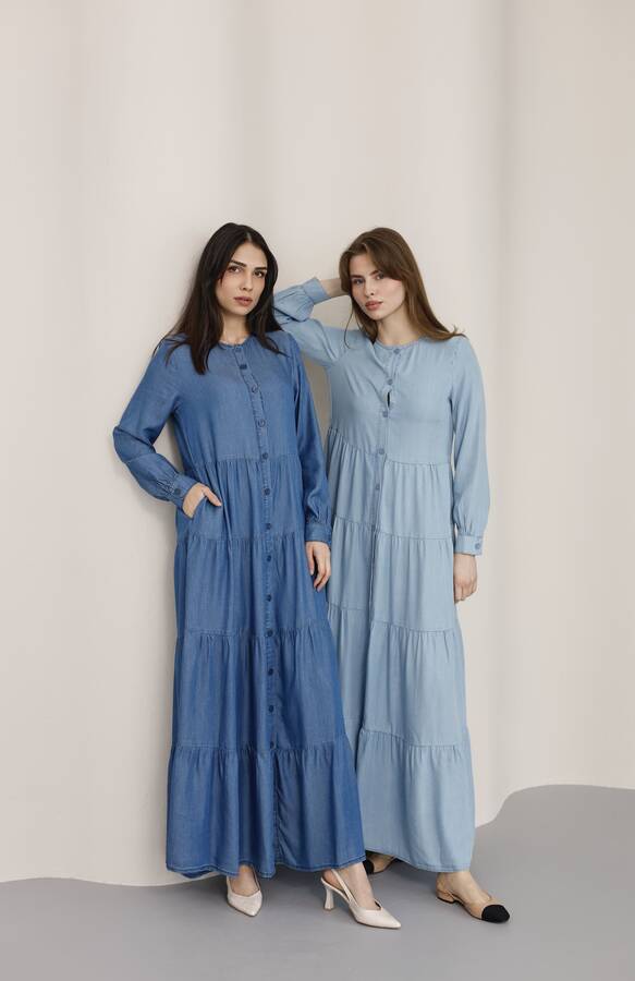 6556-Denim Düğmeli Büzgülü Elbise Açık Mavi