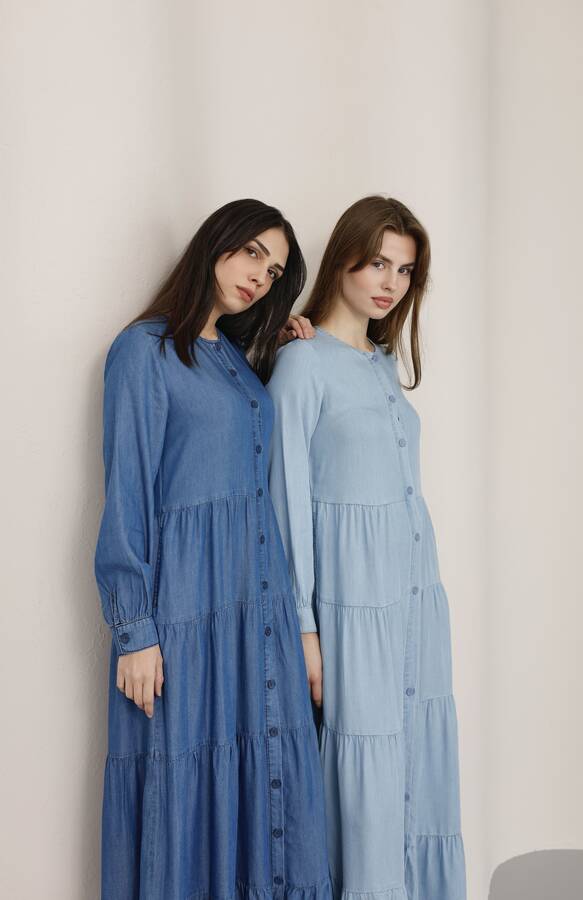 6556-Denim Düğmeli Büzgülü Elbise Açık Mavi