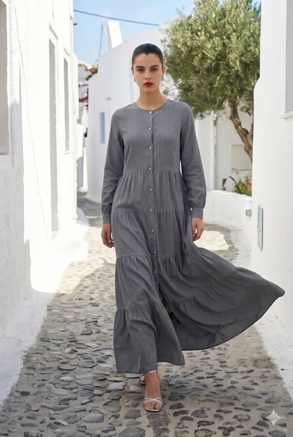 6556-Denim Düğmeli Büzgülü Elbise Gri