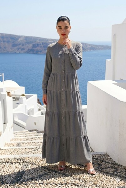 Neways - 6556-Denim Düğmeli Büzgülü Elbise Gri