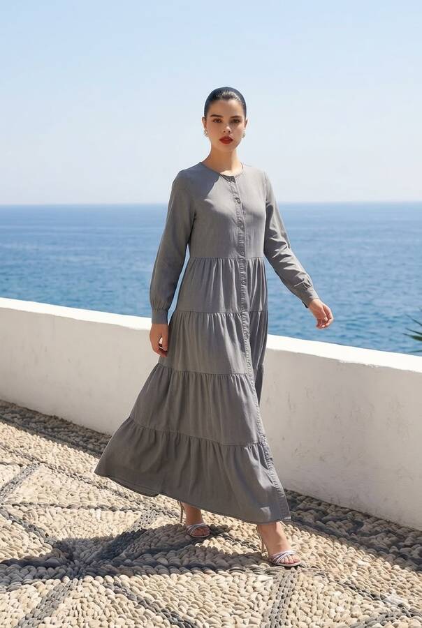 6556-Denim Düğmeli Büzgülü Elbise Gri
