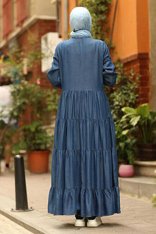 6556-Denim Düğmeli Büzgülü Elbise Koyu Mavi - 15