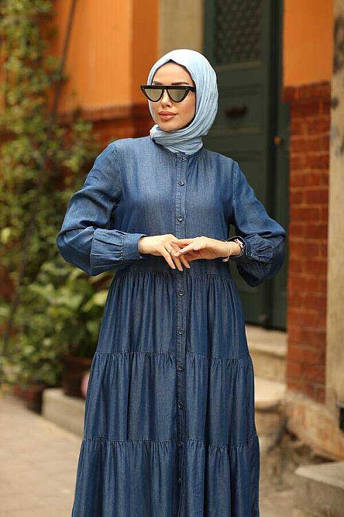 6556-Denim Düğmeli Büzgülü Elbise Koyu Mavi - 14